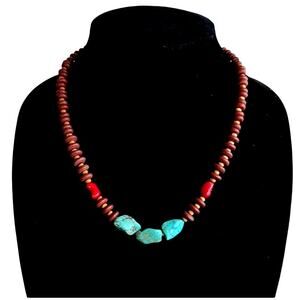 Turquoise, Coral Necklace, Wood Beads Native American Navajo Made